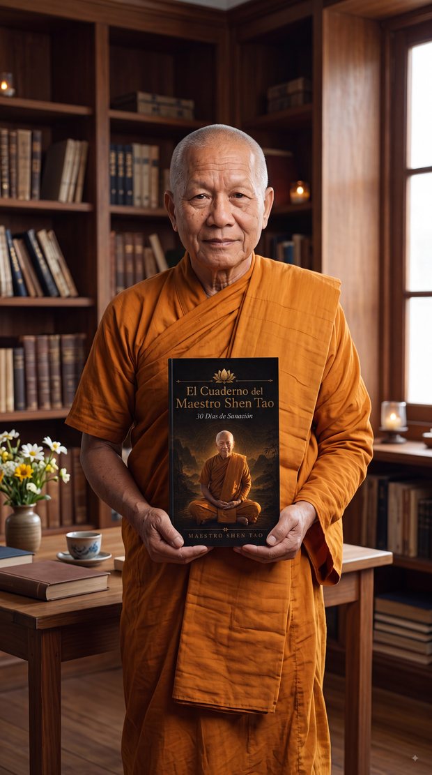 El Maestro Shen Tao con el cuaderno en su biblioteca