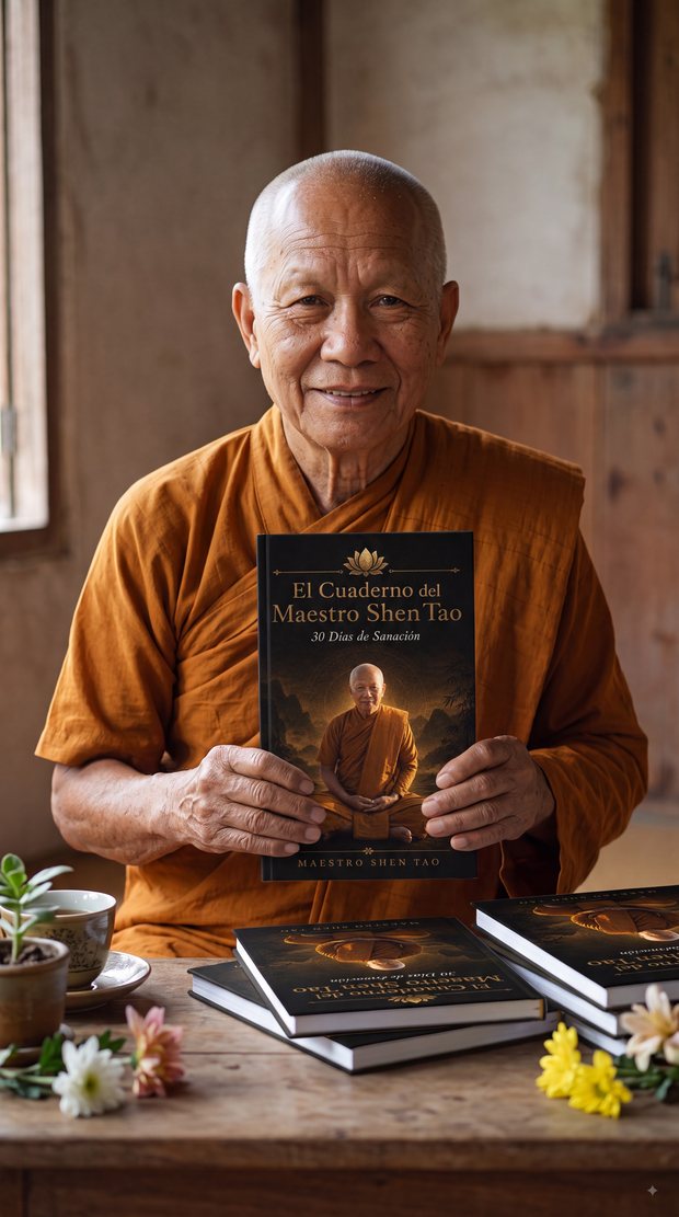 El Maestro Shen Tao mostrando el cuaderno sobre la mesa