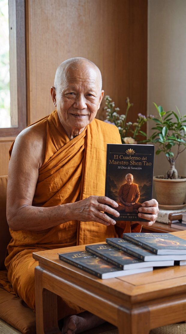 El Maestro Shen Tao sentado con ejemplares del cuaderno