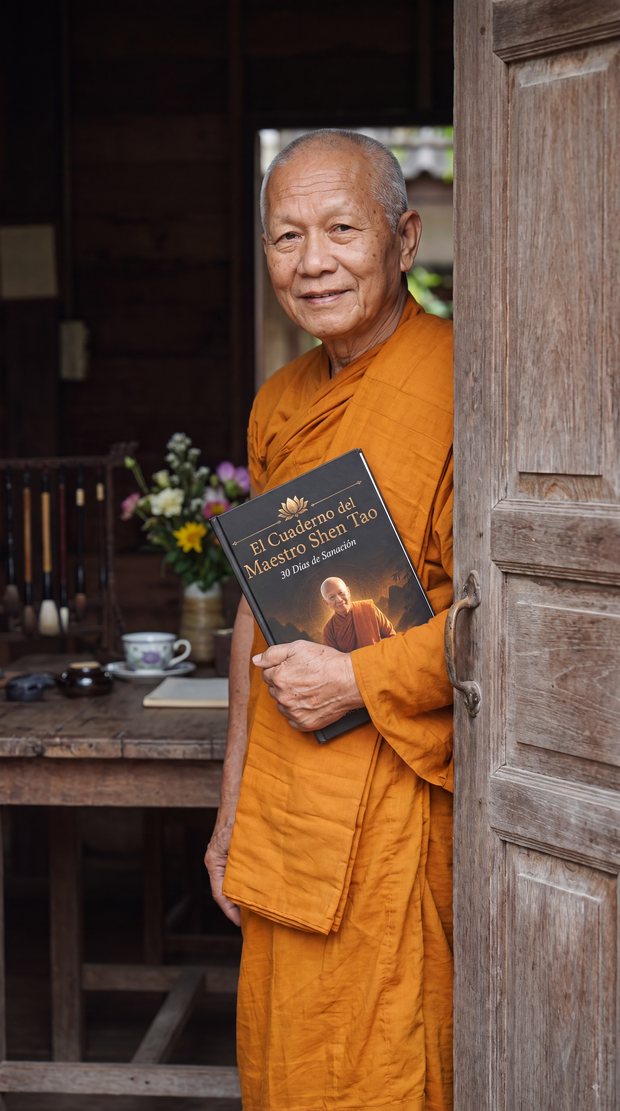 El Maestro Shen Tao en la puerta del templo con el cuaderno