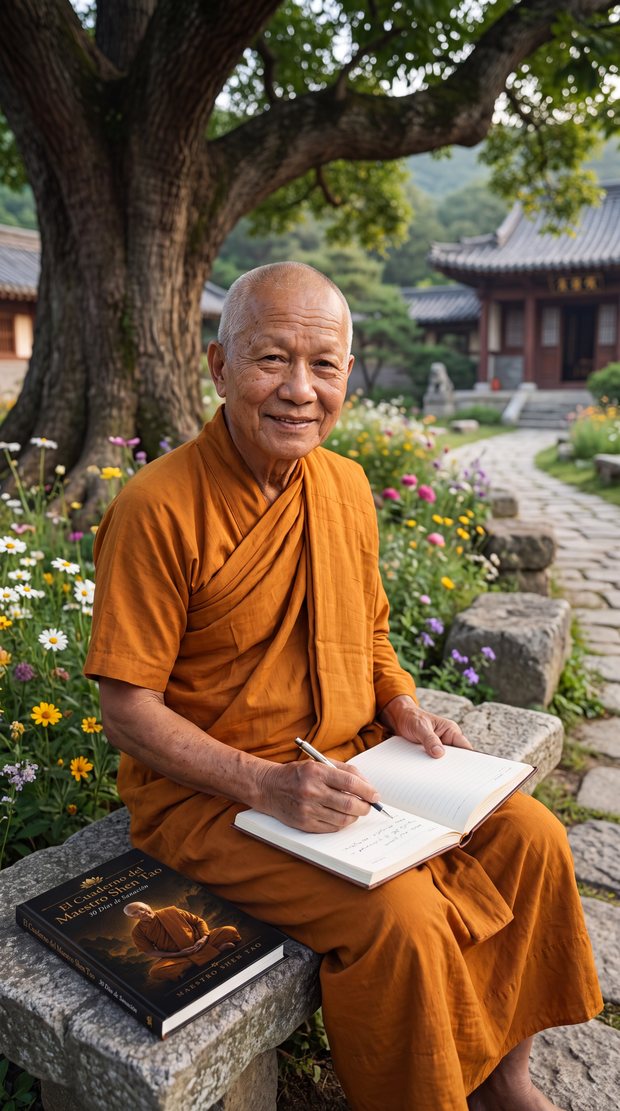 El Maestro Shen Tao escribiendo bajo el árbol del jardín