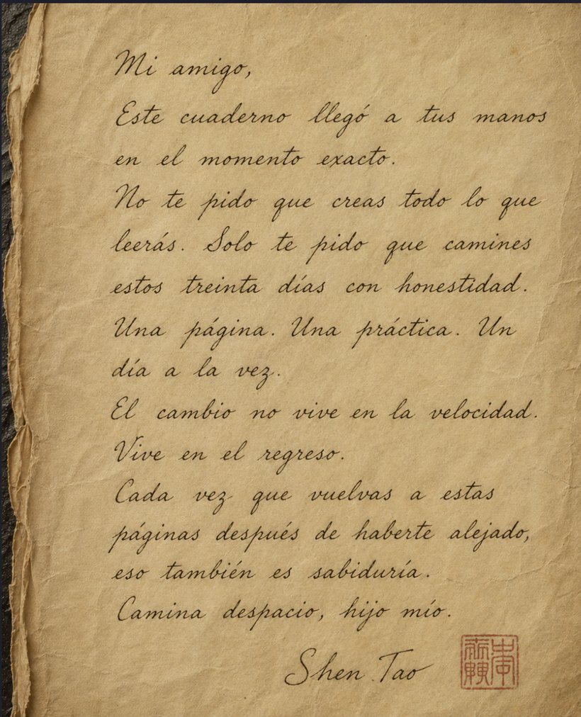 Carta manuscrita del Maestro Shen Tao que abre el cuaderno